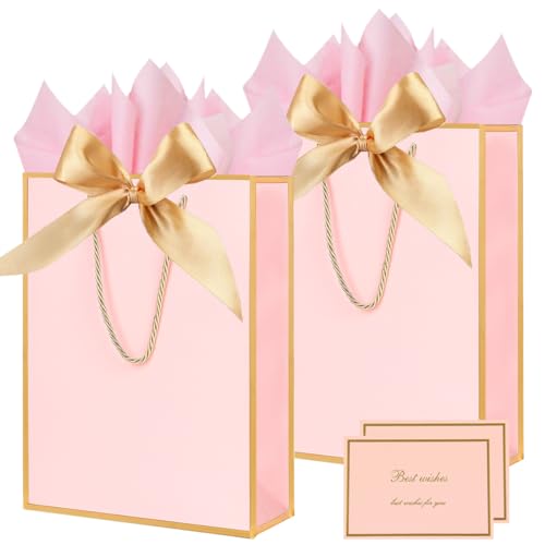 Gift Bags for Presents, 2 Pack Medium Paper Bags with Bow Ribbon Tissue Paper Cards Thank You Gift Bag with Handles for Ch...