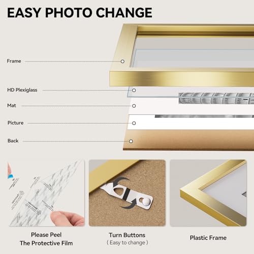 HappyHapi 8.5x11 Picture Frame Gold, Gold Picture Frames Display Photos 6x8 with Mat or 8.5x11 Without Mat, 1 Pack Plastic...