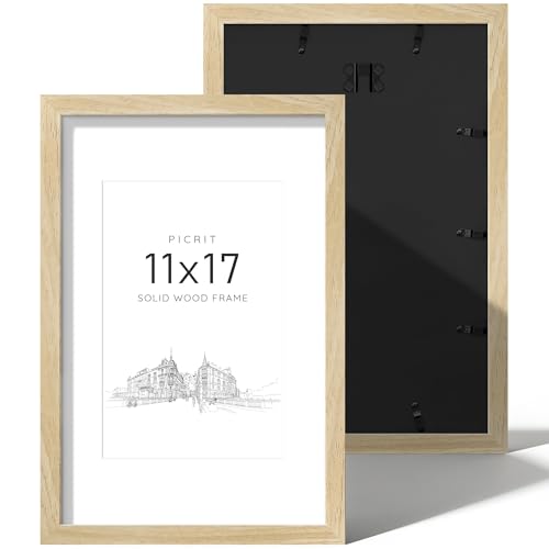 Picrit 11x17 Picture Frame Natural Wood Set of 2, Solid Wood with Black Backboard, Displays 8x12 with Mat or 11 x 17 Witho...