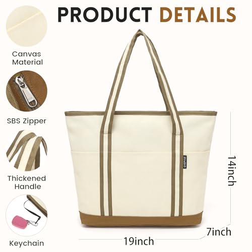 QYEPYUE Large Canvas Tote Bag for Women, Beach Bag with Zipper, Utility Tote Bag with 3 Front Pockets, Weekender Pool Bag