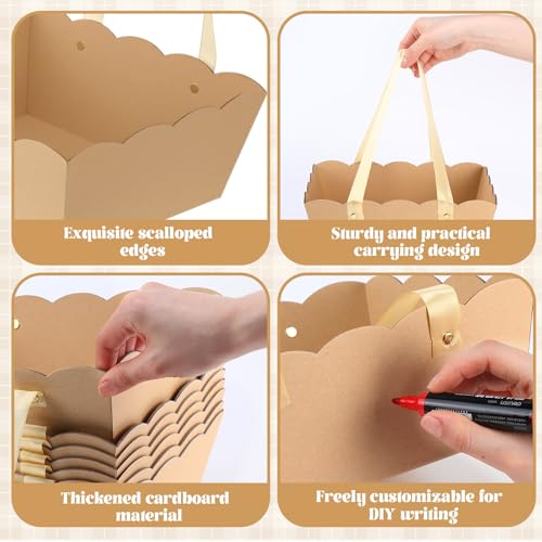 Fuyoooo 8 Sets Baskets for Gifts Empty Sturdy Kraft 10x9'' Scalloped Edge Thick Kraft Baskets with Handles 16 Tissue Paper...
