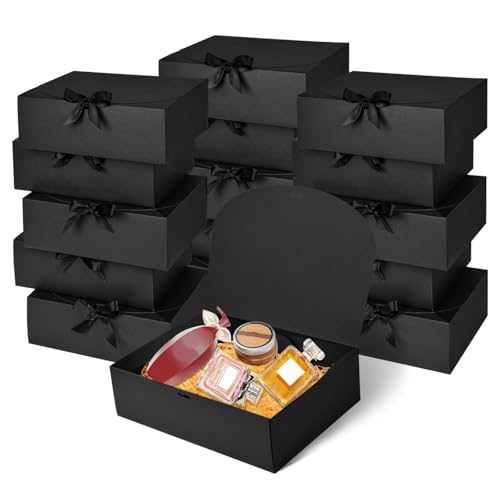 WLUSEAXI 12Pack Black Gift Boxes with Lids, 12×9.8×3.1 Inch Groomsmen Proposal Box, Luxury Black Gift Box with Ribbon for ...