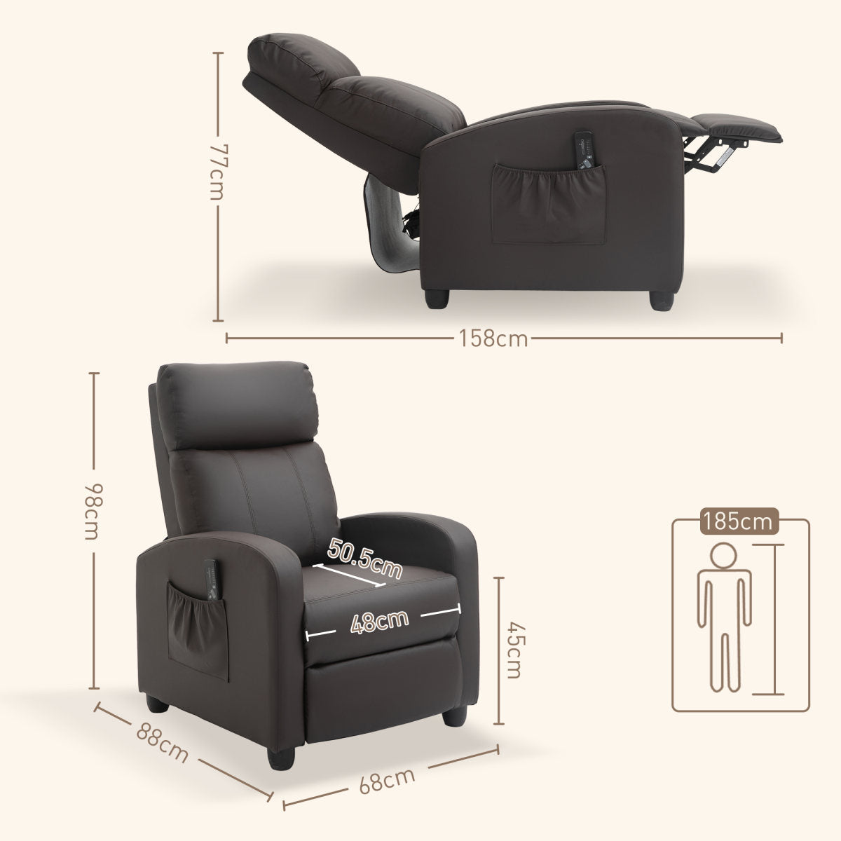 Recliner Armchair, Massage Faux Leather Push Back Reclining Chair With Adjustable Leg Rest, Side Pocket, For Home Living Room Theatre, Brown