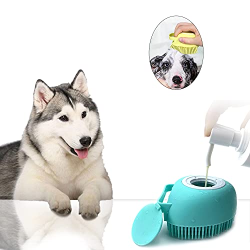 ELEGX Pet Grooming Bath Massage Brush with Soap and Shampoo Dispenser Soft Silicone Bristle for Long Short Haired Dogs Cat...