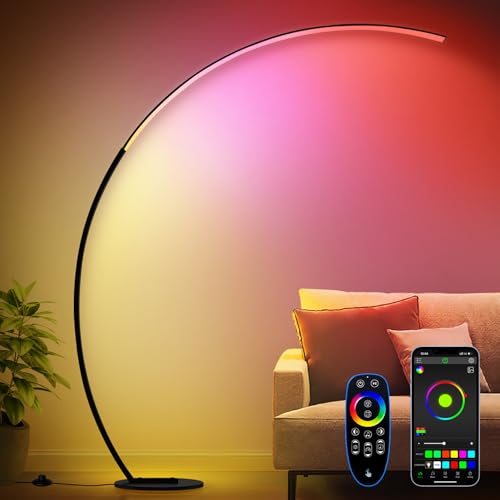 RGB Floor Lamp with 3 Color Temperatures, Ultra Bright 1800LM Smart Arc LED Floor Lamp with Remote Control, Music Sync, Sc...