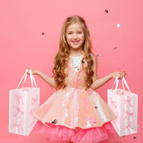 ACO-UINT Happy Birthday Gift Bags for Women Pink Bow Gift Bag with Tissue Paper and Ribbon Handles Pink Birthday Card, Cle...