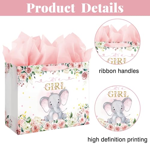 Laidans 13" Large Baby Shower Birthday Gift Bag for Girl with Tissue Papers and Card Pink Floral Elephant Design with Hand...