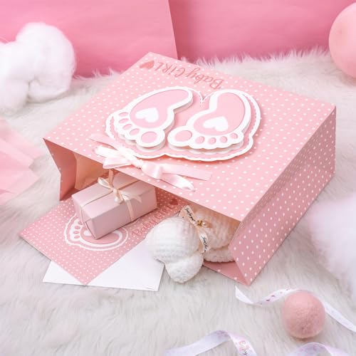 LeZakaa 13" Pink Gift Bags with Tissue Paper, Gift Card, Foot Print & Baby Girl Lettering Design for Baby Shower, Little O...