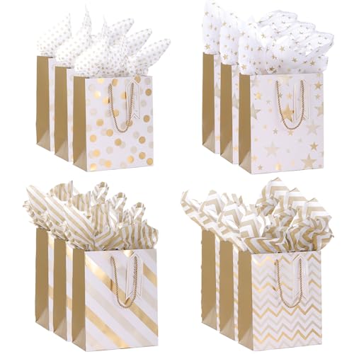 Dimetey 12pcs 9" Gift Bags, Medium Size Paper Bags with Tissue Paper, White Gold Wrap Paper Gift Bags with Handles for Sho...