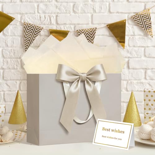 Laidans 13" Gift Bag with Handles and Bow Ribbon, Large Gift Bag with 3 Tissue Paper and 1 Card for Birthdays, Baby Shower...