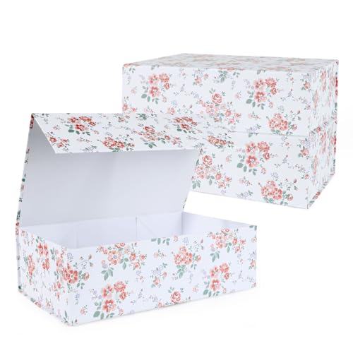 LFBOX Rose Floral Gift Box with Magnetic Lids 13.8x8.3x4.4 in, Large Bridesmaid Proposal Boxes, Rectangle Wedding Decorati...