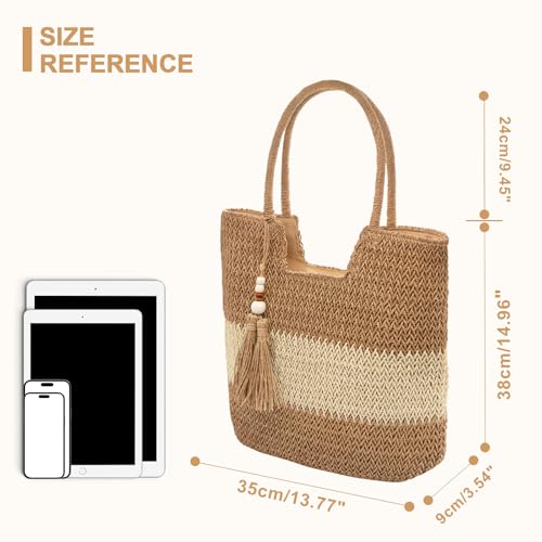 Long Keeper Beach Bags for Women Summer Straw Bag with Zipper Woven Shoulder Handbag Beach Tote Bags for Travel Vacation