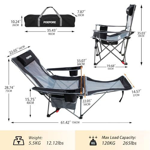 POEPORE Reclining Camping Chair with Removable Footrest Lounge Chair with Headrest, Cotton Cushion, Portable Adjustable Fo...