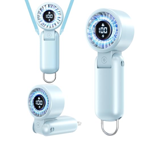 Portable HandHeld Turbo Fan - Foldable Personal Fan with LED Display, 5 Speeds, Lanyard, USB Rechargeable, Strong Airflow,...