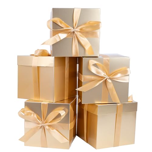 Jaywayang 5 Pack Gold Gift Boxes with Lids, Ribbons and Tissue Papers Square Gift Boxes - 7.1 Inch - Christmas Presents Wr...