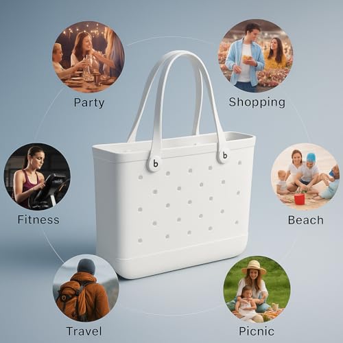 Waterproof Beach Bag Large Pool Tote with Free Charm Gift - EVA Beach Bag for Women, Sand-Free Summer Vacation Bag with Ha...