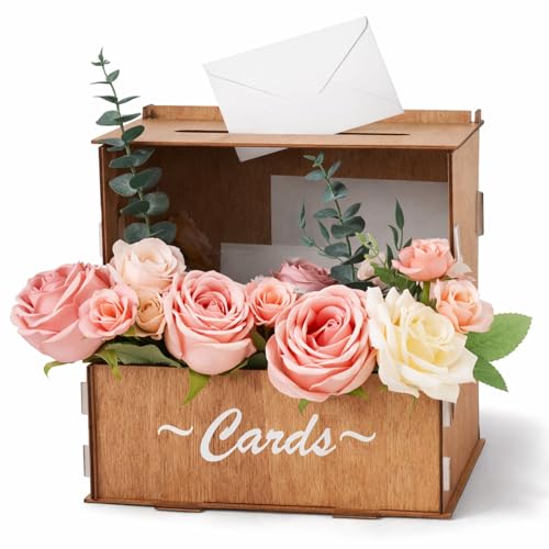AceOrbit Wooden Rustic Wedding Card Box for Reception with Acrylic Window & Flower Holder, 9.8" Wood Money Gift Card Box w...