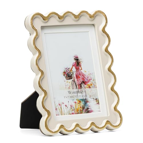 Wontree 5x7 Picture Frame in Beige with Shinning Gold Wavy Edge, Resin Frame with Real Glass, Display 5x7 Photos Matted to...