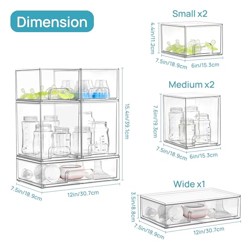 Vtopmart Stackable Storage Drawers Set of 5, Clear Plastic Organizer Bins for Baby Bottle, Beauty Supplies Storage, Ideal ...