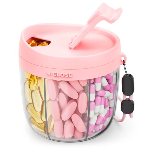 AMOOS Cute Pill Dispenser with 7 Compartments, Pill Bottle Organizer with Anti-Mix Design, Portable Pill Organizer for Tra...