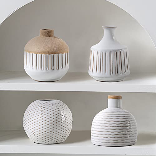 LIZOFER Boho Minimalist Small Ceramic Vase Set of 4 for Bedroom Living Room Office Fireplace Centerpiece Antique White Vin...