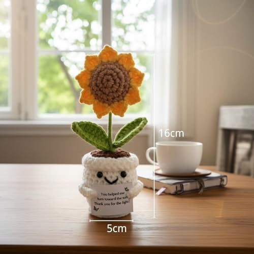 Positive Crochet Sunflower Gift Set of 3 with Message Cards – Emotional Support Handmade Flower, Thank You Appreciation Fa...