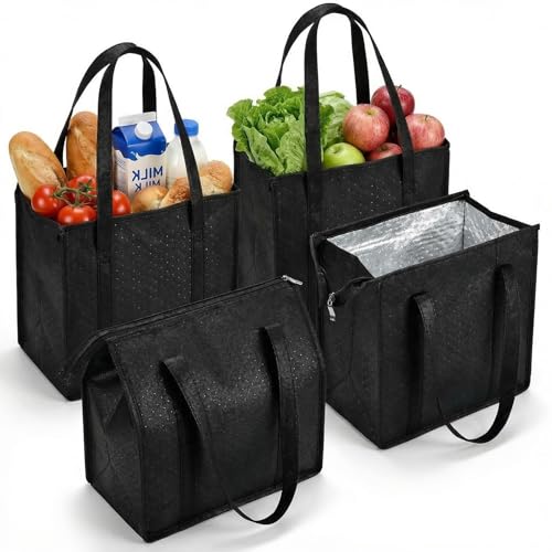 GZGTUU 4 Pack Leakproof Insulated Grocery Bags, Reusable Thermal Tote with Zipper Top, Foldable Cooler Bags Insulated for ...