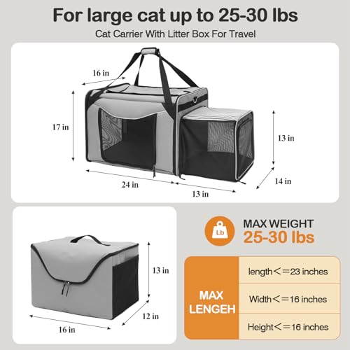 24"x16"x17" Soft Cat Travel Carrier with Litter Box, Expandable Cat Carrier for 2 Cats, Large Cat Carrier for Car Travel L...