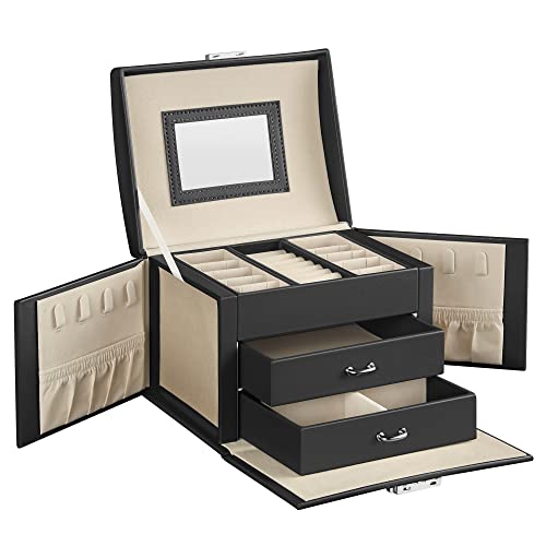 SONGMICS 3-Tier Jewelry Box, Travel Jewelry Case with Handle, 2 Drawers, Lockable Jewelry Organizer with Mirror, Jewelry S...