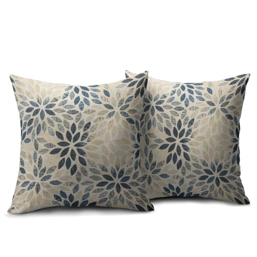 Robvobe Dahlia Pillow Covers 16x16 Set of 2 Rustic Summer Rust Geometric Floral Navy Blue Cream Outdoor Decorative Throw P...