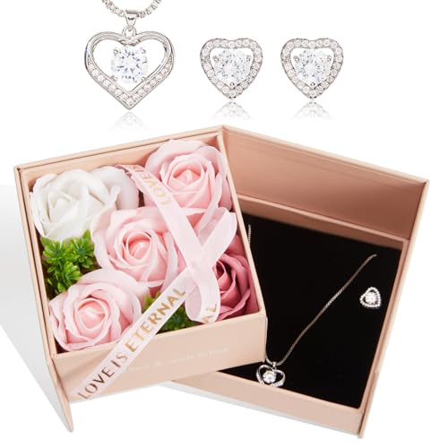 WDS WONDROUS Preserved Rose Jewelry Gift Set for Women, Forever Rose Flower with Heart Necklace & Earrings for Valentine's...