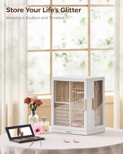 Glimmloop 360° Rotating Jewelry Box with 5 Drawers, Spacious Vertical Jewelry Organizer with Glass Window, Jewelry Storage...