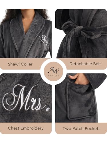AW BRIDAL 2Pcs Mr and Mrs Robes for Couples Fleece, Matching Long Hooded Robes for Men Women, His and Hers Wedding Gifts