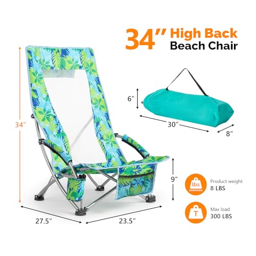 VINGLI Low Beach Chairs, High Back Chairs with Carry Bag，Foldable Portable Backpack Beach Chair for Camping Picnic LAN-2 Pack