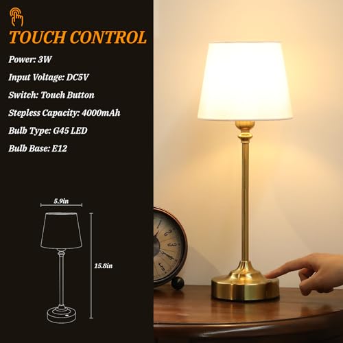 Cordless Table Lamp Rechargeable Gold - 1 Pack Brass 4000mAH Battery Operated Lamp for Decor, 3000K Stepless Dimming Touch...