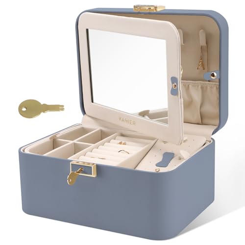 KAMIER Jewelry Organizer Box, 2 Layers PU Leather, Large Capacity, Double Lock and Large Mirror, Hidden Necklace Hooks, Re...