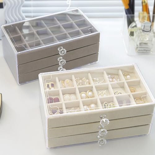 SPAKOWN Earring Box Holder Organizer Display Case, Clear Velvet Jewelry Storage Tray Organizer for Earring Ring Stud (Beig...