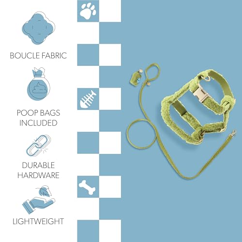 THE LICKER Store WLK1001B-4SET Teddy Small Bouclé Adjustable H Harness and Leash Walk Set with Poop Bag Pouch, Citron