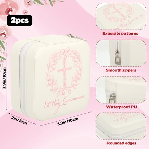 2 Pcs First Communion Travel Jewelry Box, Small Zippered Jewelry Case with Soft Lining, White Square Keepsake Box for Ring...
