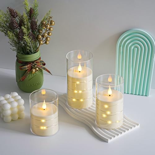 Da by 3 Pack Ivory Transparent Acrylic Flameless Taper Candles, Flickering Black Wick LED Candles with Fairy String Light...