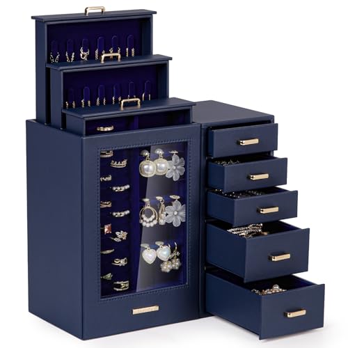 Homde Large Jewelry Box/Organizer/Case with Glass Window, Drawers for Necklaces Earrings Rings Bracelets Watches Gift for ...