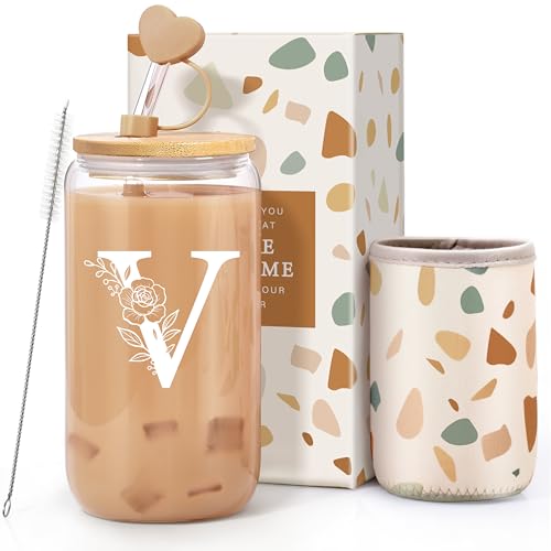 Personalized Gifts for Women, Monogrammed Gifts for Women, Initial 16 oz Glass Cups With Lids and Straws, Customized Mug, ...
