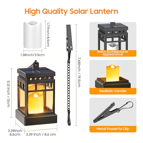 KOOPER Solar Lanterns Outdoor Waterproof, 2 Modes Hanging Solar Lantern with LED Realistic Flickering Flameless Candle, Ca...