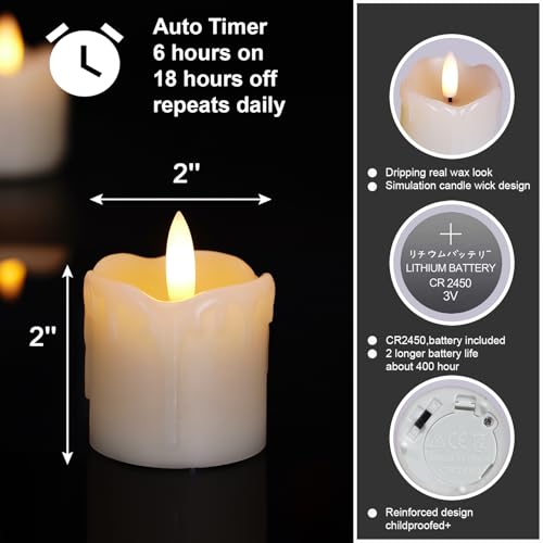 Homemory Flameless Votive Candles with Timer, 2" x 2" Real Wax, 400+Hour Realistic Black Wick Battery Operated Candles, Se...