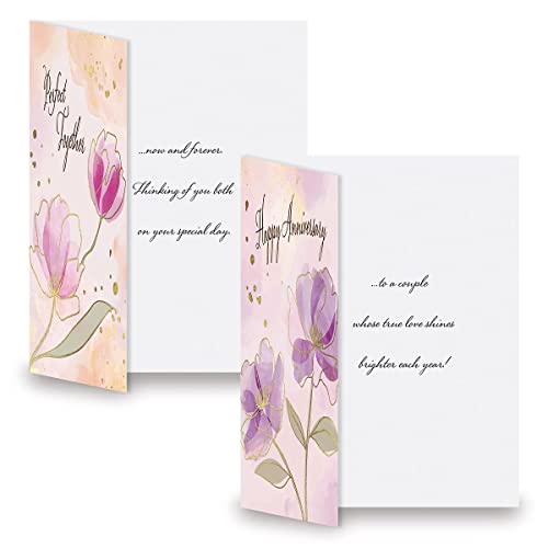 Current Floral Pairs Deluxe Happy Anniversary Cards For Couples - Set of 8 (4 Designs), 5 x 7 Inches, Sentiments Inside