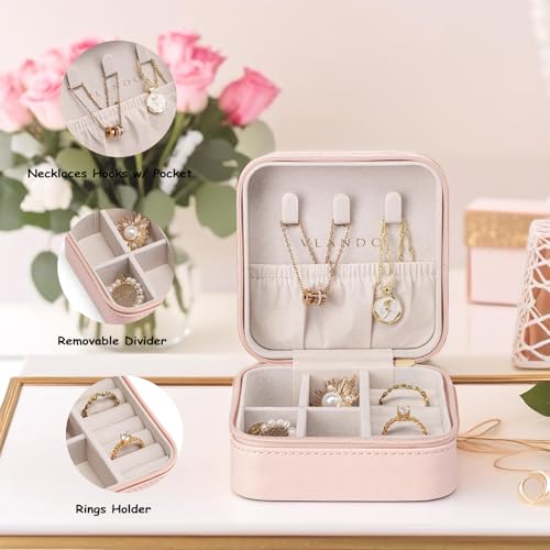 VLANDO Small Faux Leather Travel Jewelry Box Organizer Display Storage Case for Rings Earrings Necklace, Pink