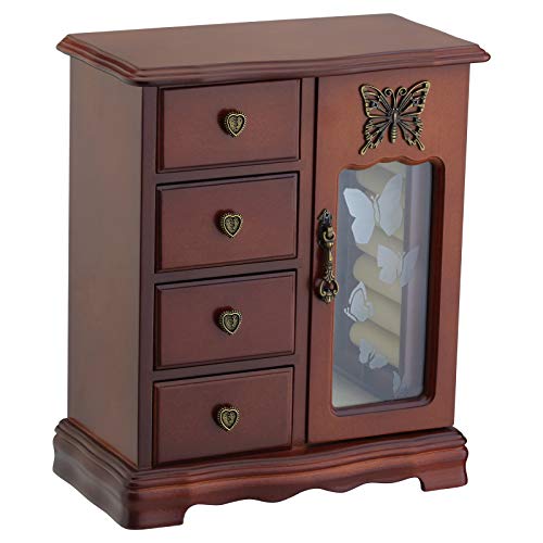 RR ROUND RICH DESIGN Solid Wooden Jewelry Box Makeup and Organizer Women Ring Storage with 4-Drawers Built-in Necklace Car...