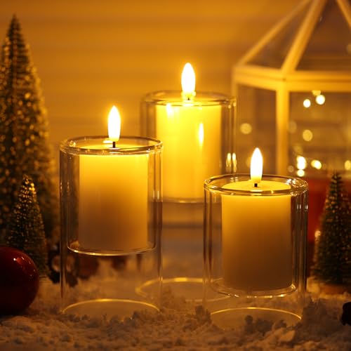 NURADA Flameless Candles with Remote Timer - Glass Real Wax 3D Wick LED Pillar Votive Candle Set Battery Operated Flickeri...