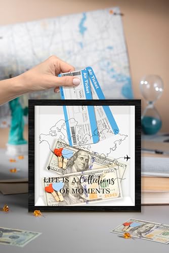 Black Travel Shadow Box Frame with Slot, Life is A Collections of Moments Boxes Frames for Fund, 8x8 Memory Box for Keepsa...