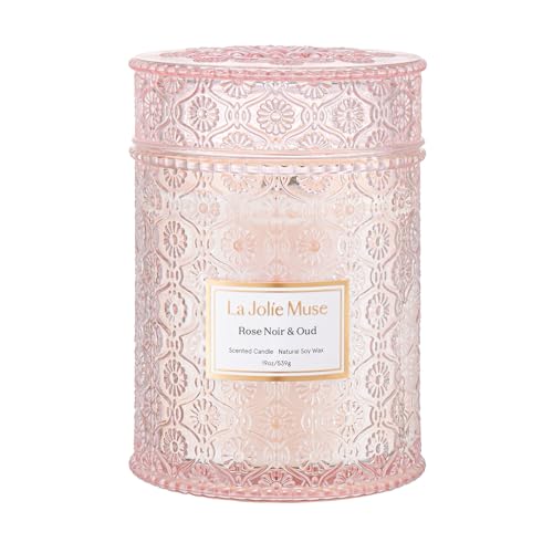 LA JOLIE MUSE Rose Noir & Oud Scented Candle – Lemon, Rose & Oud |19 oz Large Wooden Wick Candle | Natural Soy Wax | 90 Ho...
